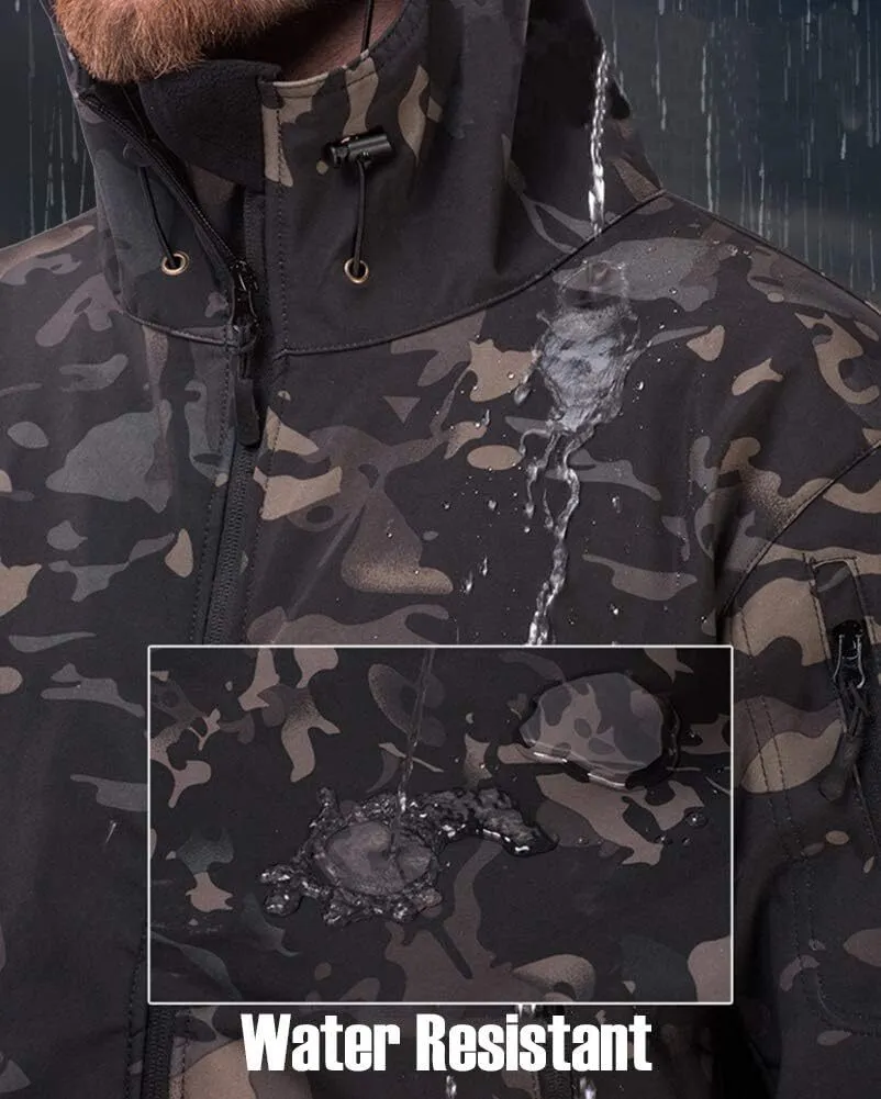 Men's Camo Quiet Hunting Jacket Waterproof Softshell Fleece Lined Camouflage Outdoor Hiking Fishing Coat