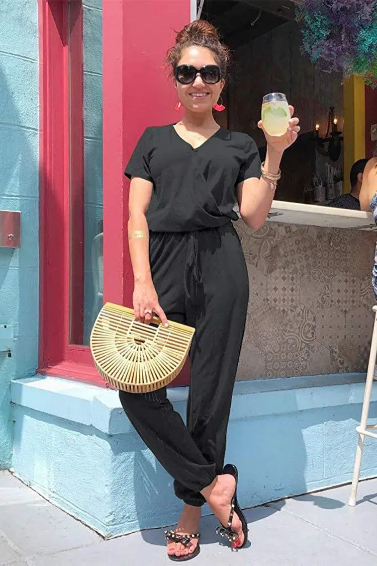 Deep V Neck Wrap Drawstring Waist Jumpsuit