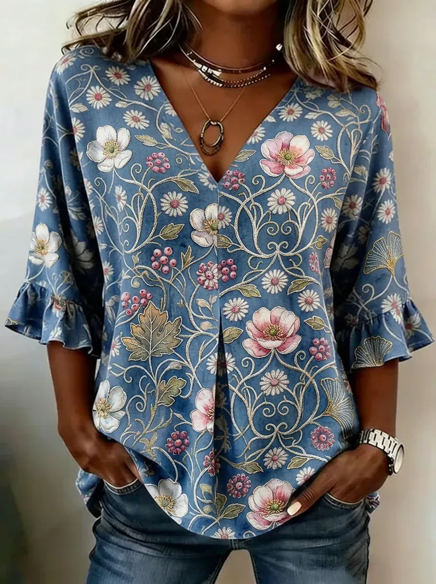 Women's Nashville Floral Botanical Printed V-neck Top