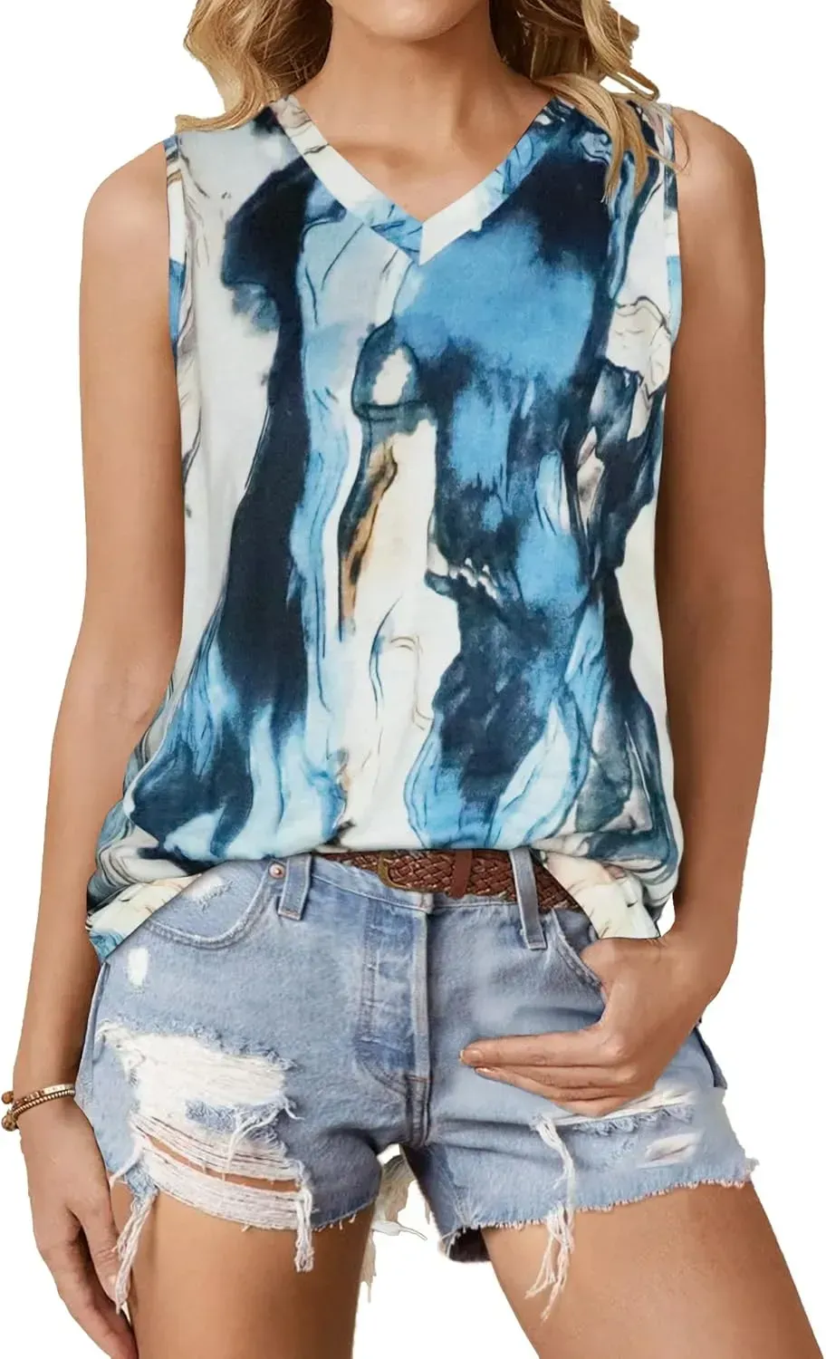 Summer Tops for Women Sleeveless V Neck Tshirt Loose Fit Casual Tank Tunic Blouse