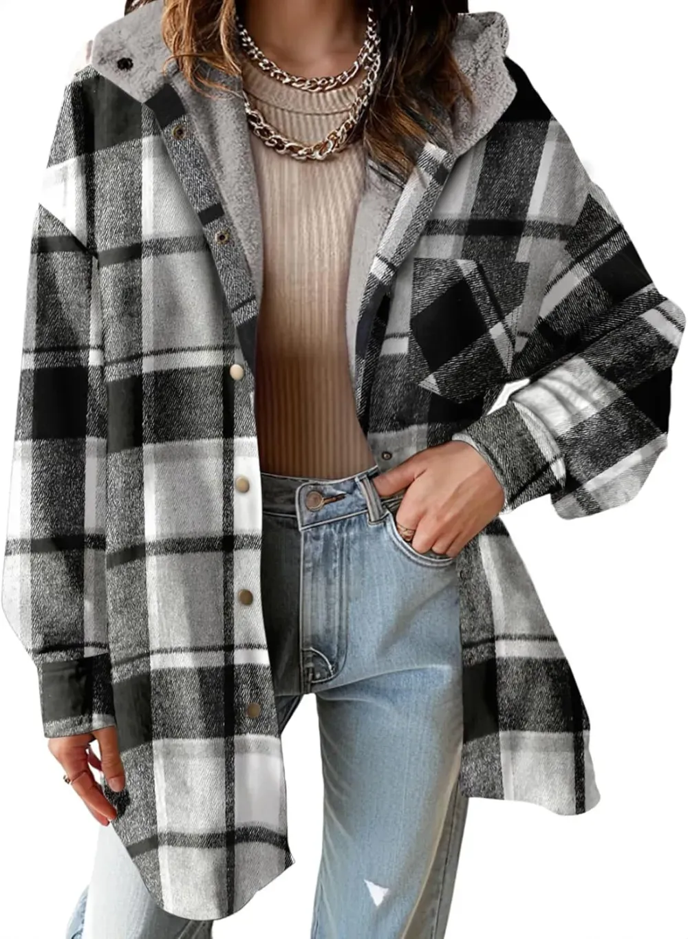 Women's Flannel Hooded Plaid 2025 Shacket Thick Coat Winter Coat for Warmth Button down Warm and Fuzzy Fleece Jacket