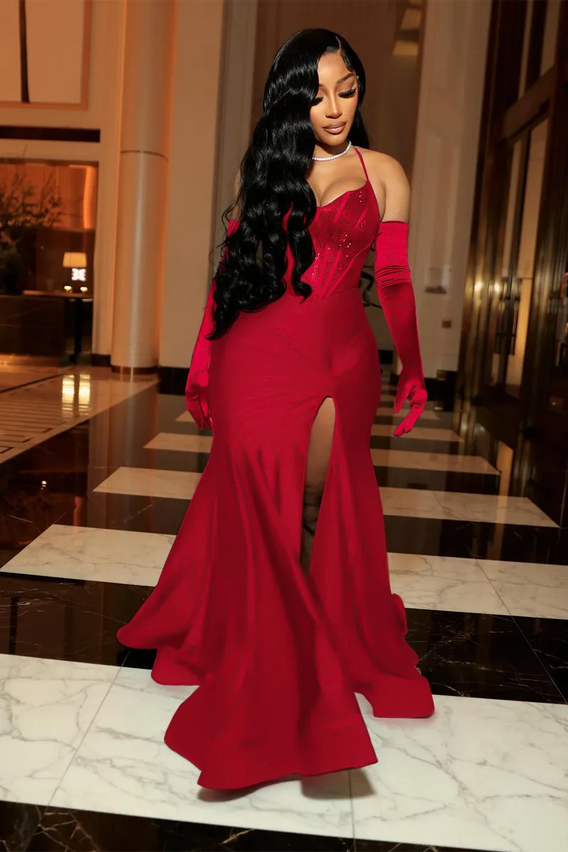 Halter Mermaid Hem High Slit Party Corset Maxi Dresses