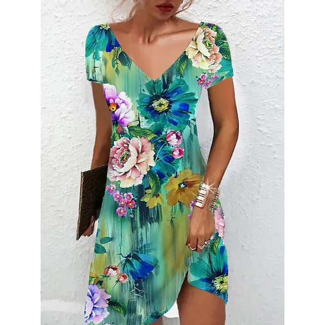 Women's Casual Dress Summer Dress Print Dress Floral Print V Neck Mini Dress Active Fashion Outdoor Daily Short Sleeve Regular Fit Black And White Olive Green Colourful Summer Spring S M L XL XXL