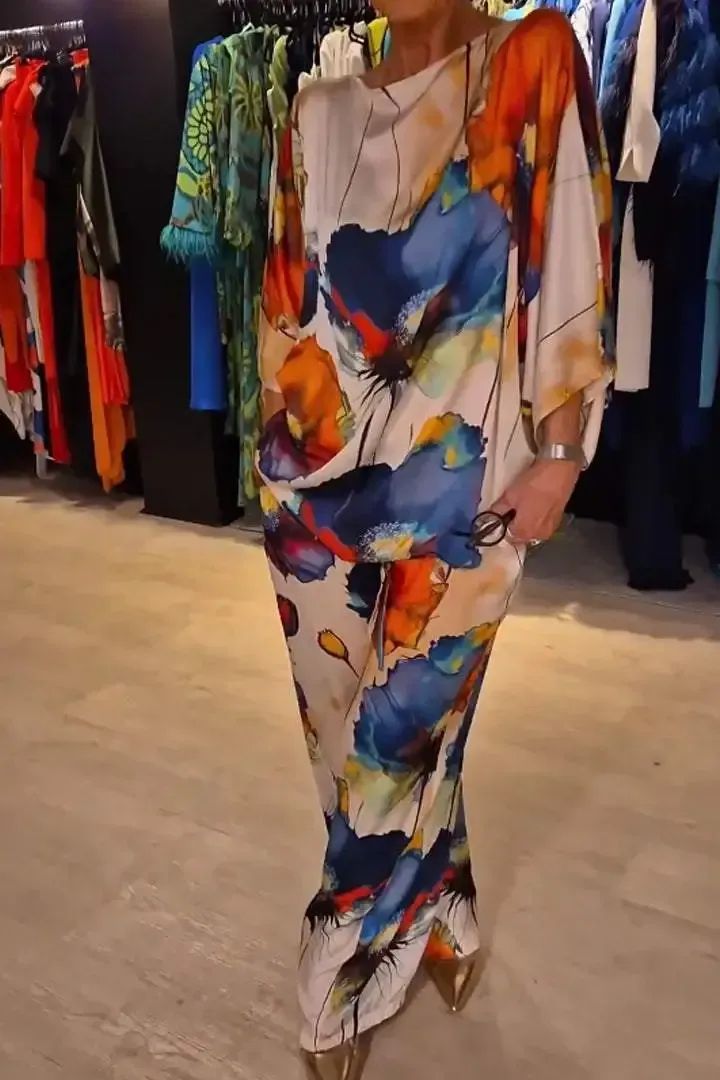 Casual Crew Neck Printed Satin Suit