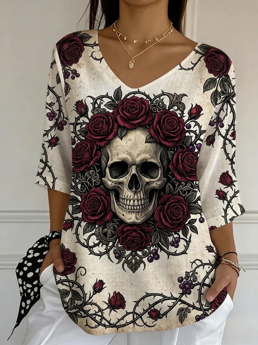 Women's Nashville Gothic Skull Rose Printed V-neck Top