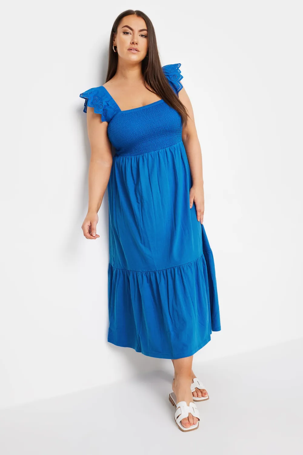 YOURS Curve Blue Frill Sleeve Shirred Midaxi Dress