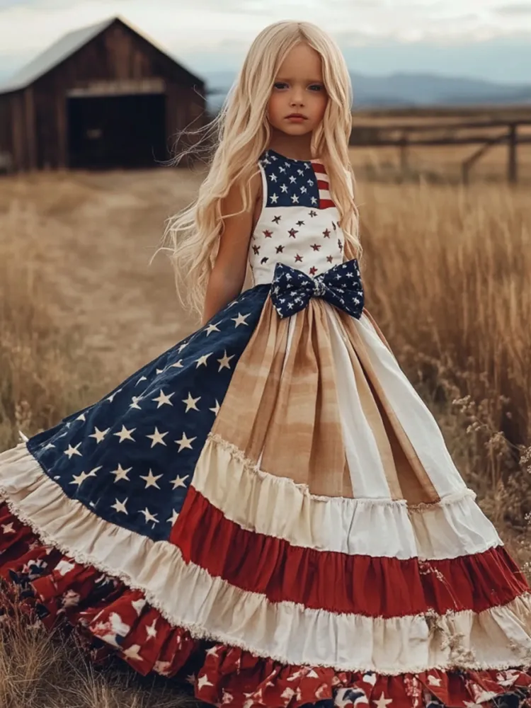 Young Girl's Independence Day Patchwork America Flag With Bow Art Linen Tank Dress（with Belt）