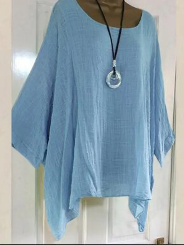 Women's Plus Size Shirt Blouse Black White Pink Plain Asymmetric 3/4 Length Sleeve Daily Vacation Going out Streetwear Daily Casual Boat Neck Regular Fit Spring Fall Fall & Winter