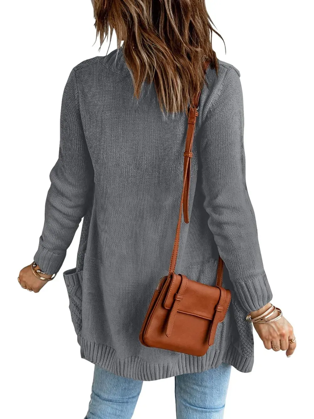 Womens Long Sleeve Open Front Buttons Cable Knit Pocket Sweater Cardigan