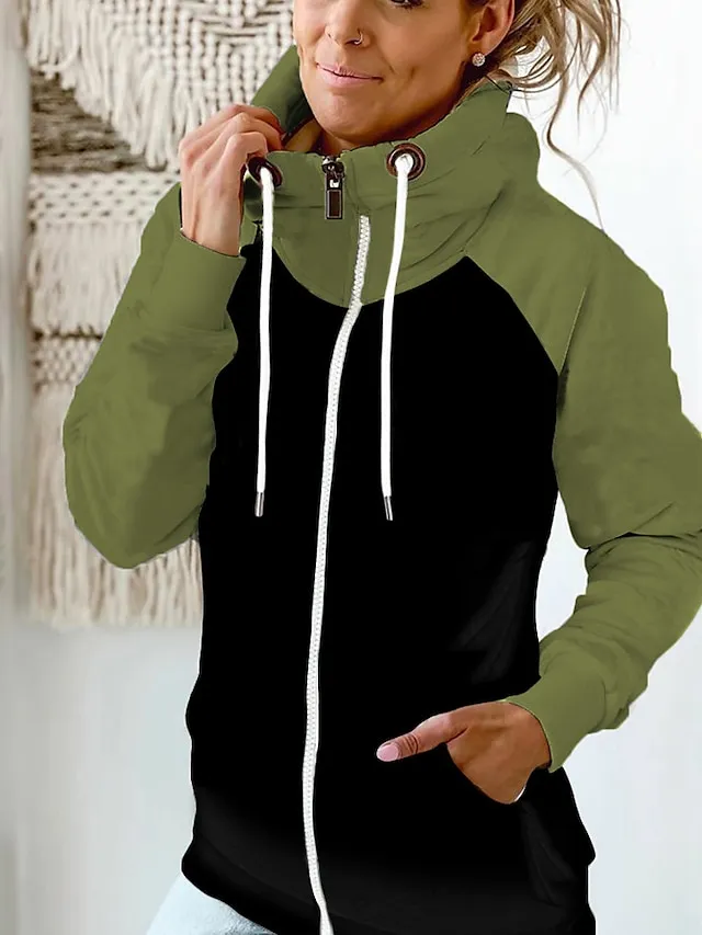 Women's Zip Hoodie Sweatshirt Basic Pocket Drawstring Zip Up White Light Green Pink Color Block Street Casual Pile Neck Long Sleeve Top Micro-elastic Fall & Winter