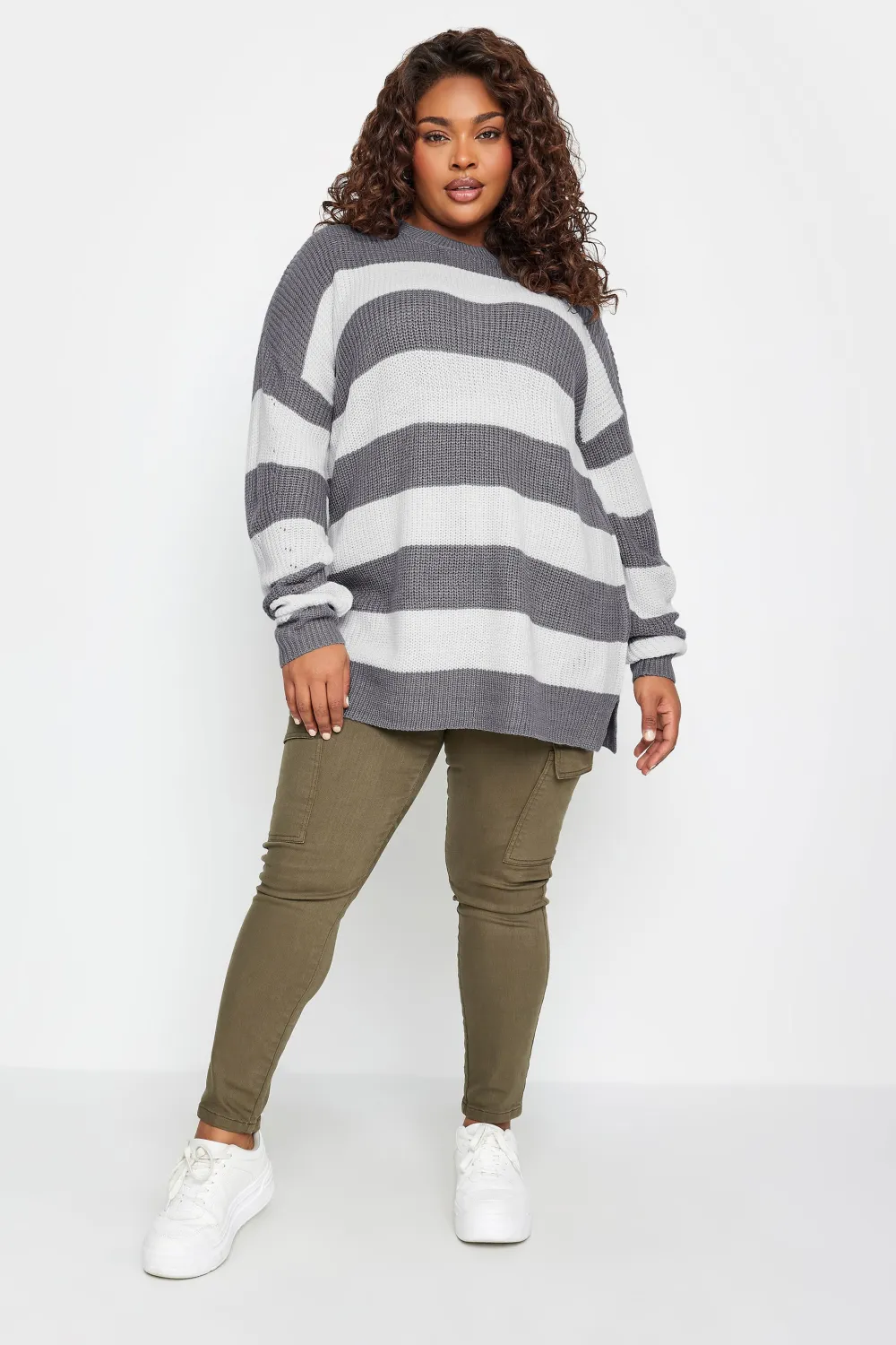 YOURS Curve Grey Stripe Ribbed Knit Jumper