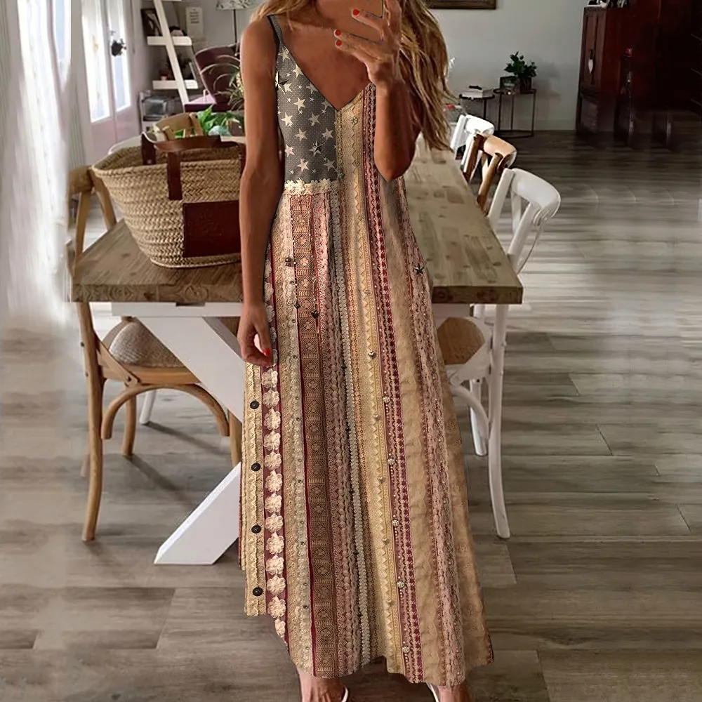 Women's Vintage Independence Day Flag Floral Patch Tank Dress