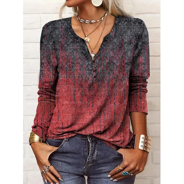 Women's Plus Size Shirt Blouse Black Pink Wine Paisley Color Gradient Vintage Button Print Long Sleeve Daily Casual V Neck Regular Fit Fall & Winter