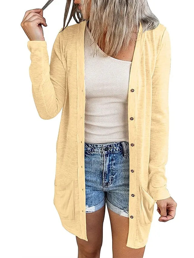 Women's Cardigan Sweater Cowl Ribbed Knit Polyester Button Summer Spring Outdoor Home Halloween Casual Soft Long Sleeve Solid Color Black White Light Green S M L