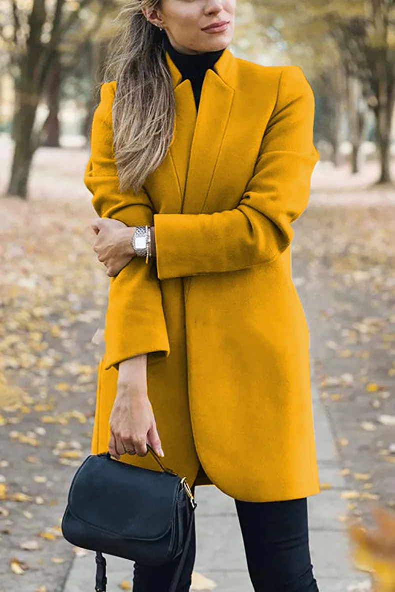 Solid standing collar slim long faux woolen coat