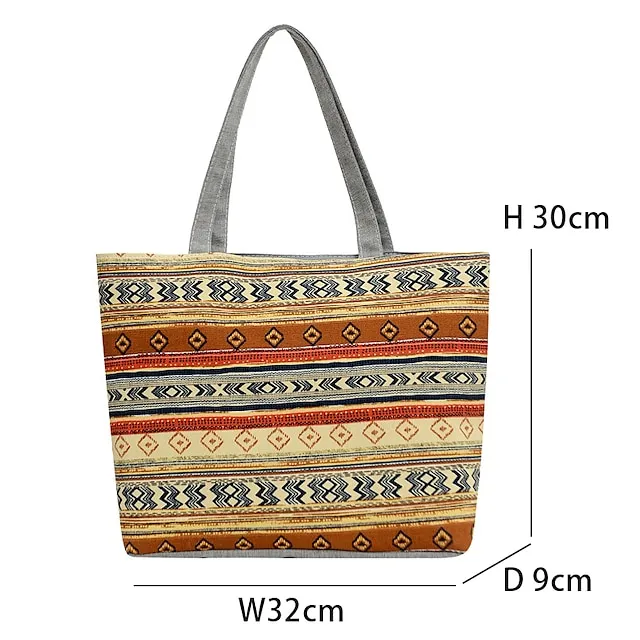 Women's Tote Shoulder Bag Canvas Tote Bag Canvas Shopping Daily Zipper Large Capacity Foldable Lightweight Striped Patchwork Folk Red stripes Red square Black square