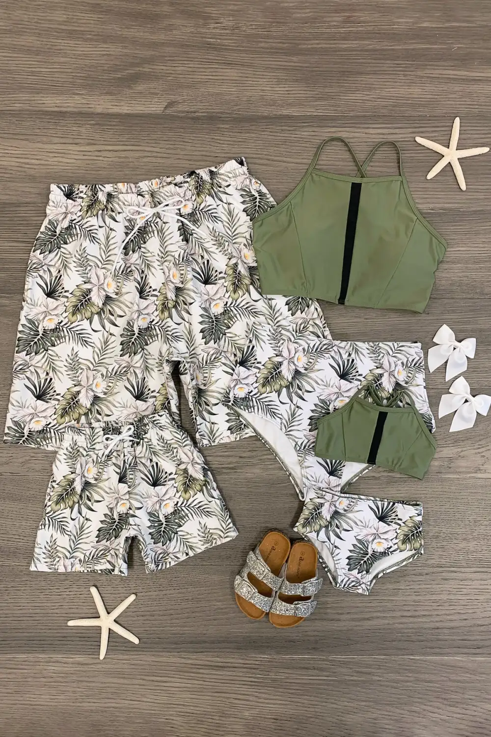 White & Olive Tropical Family Swimsuits