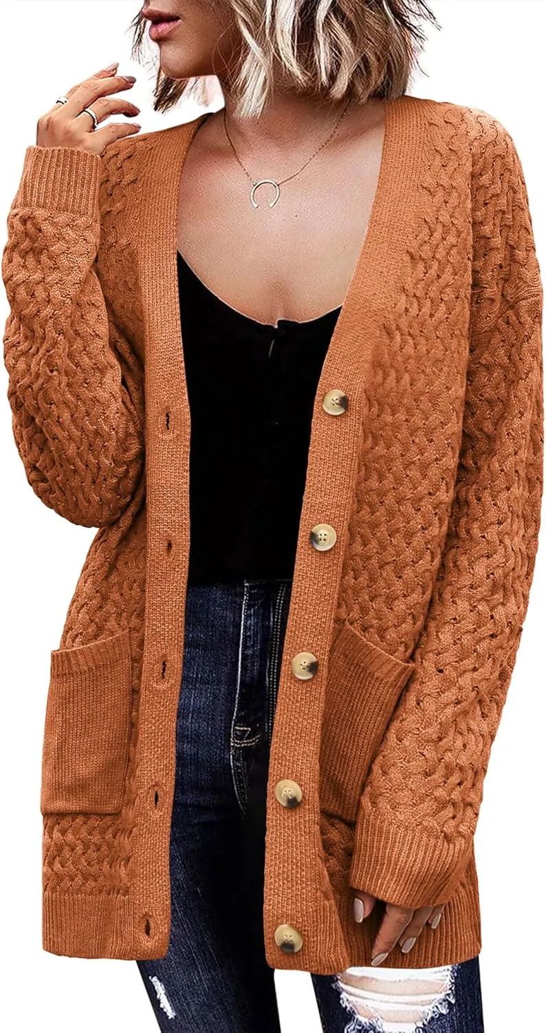 Womens 2024 Long Sleeve Chunky Cable Knit Fall Cardigans Sweaters Button Down Open Front Outerwear with Pockets
