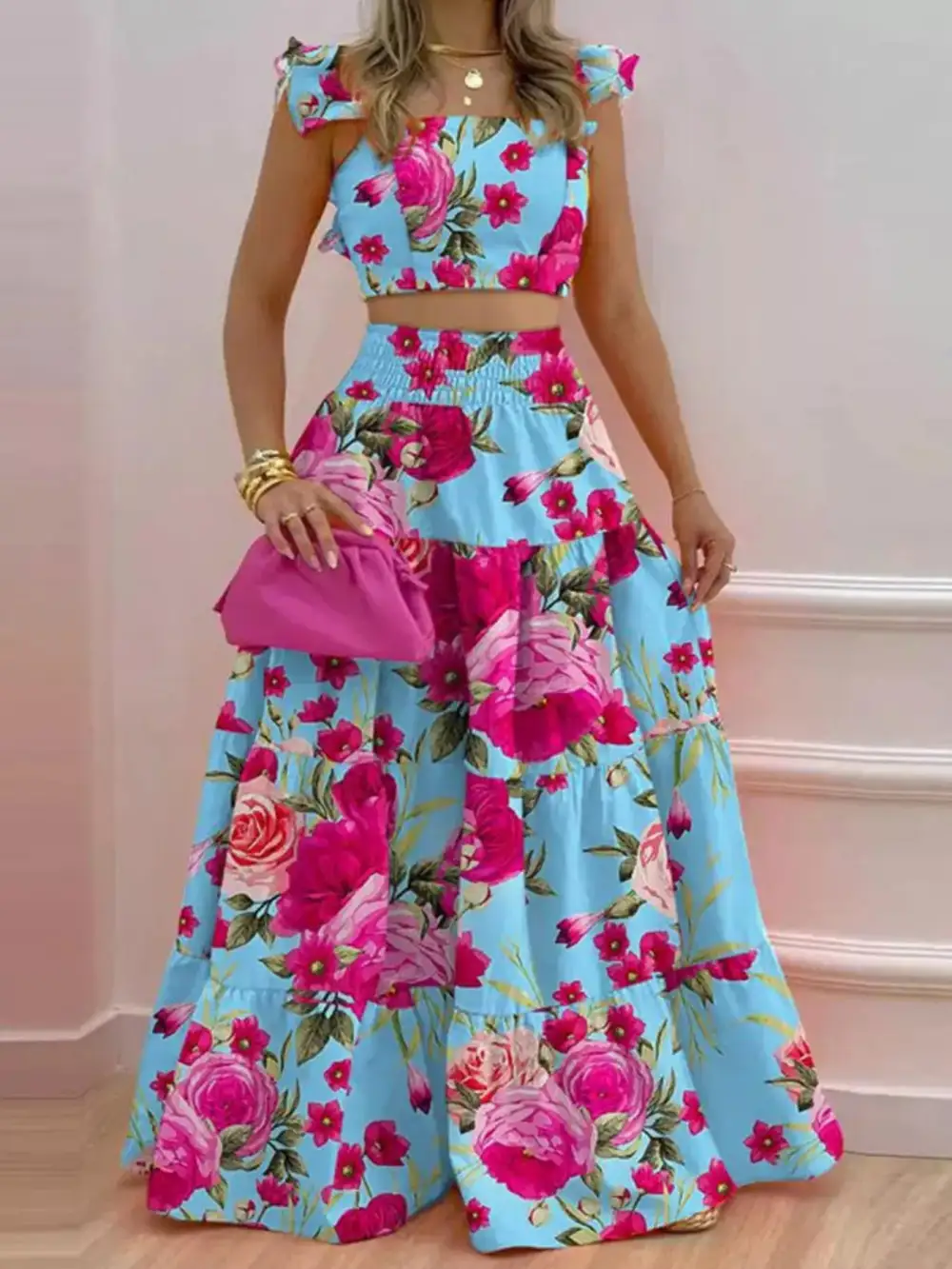 Crop Top Tiered Maxi Skirt Set