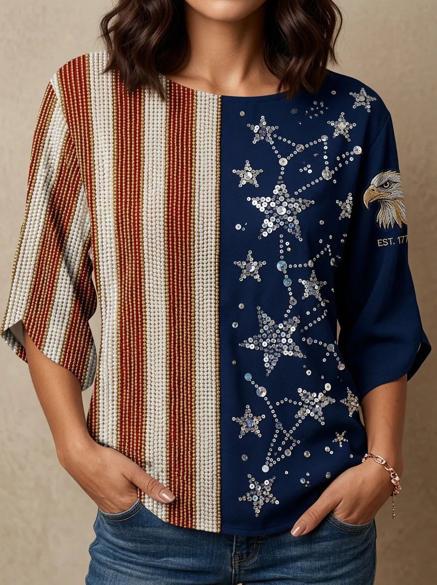 Women's Nashville Patriot Eagle Stars Stripes Sequin Printed Top