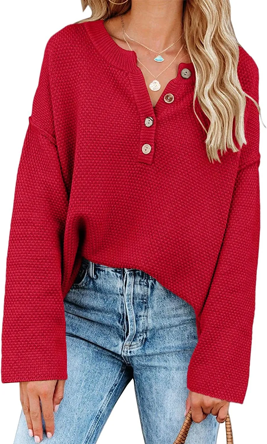 Women's Oversized Sweaters Batwing Long Sleeve Loose V Neck Button Henley Tops Pullover Knit Jumper