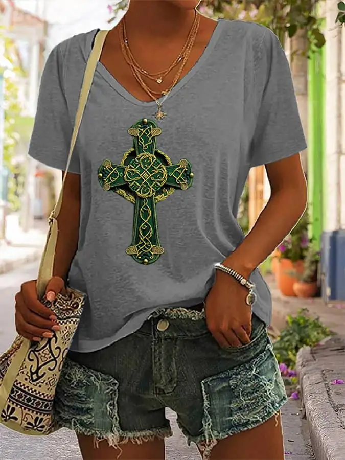 Women's St. Patrick's Day Shamrock Cross Art Print V-Neck T-Shirt