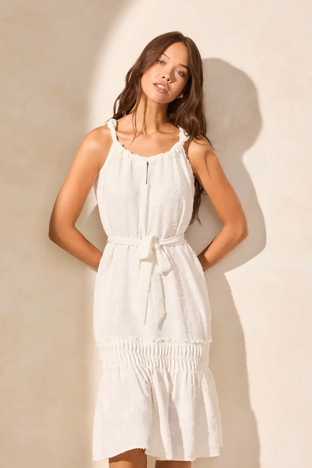 Tie-Front Pleated Sleeveless Scoop Neck Dress-White