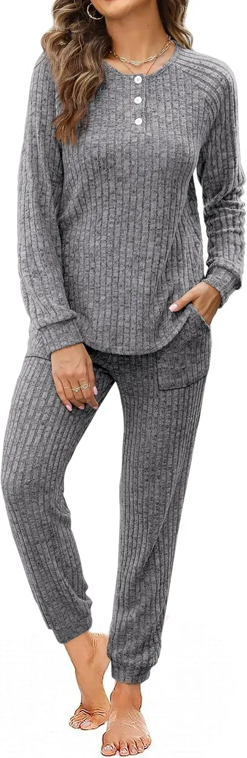 Two Piece Outfits for Women Lounge Sets Button Down Sweatshirt Sweatpants Sweatsuits Set with Pockets