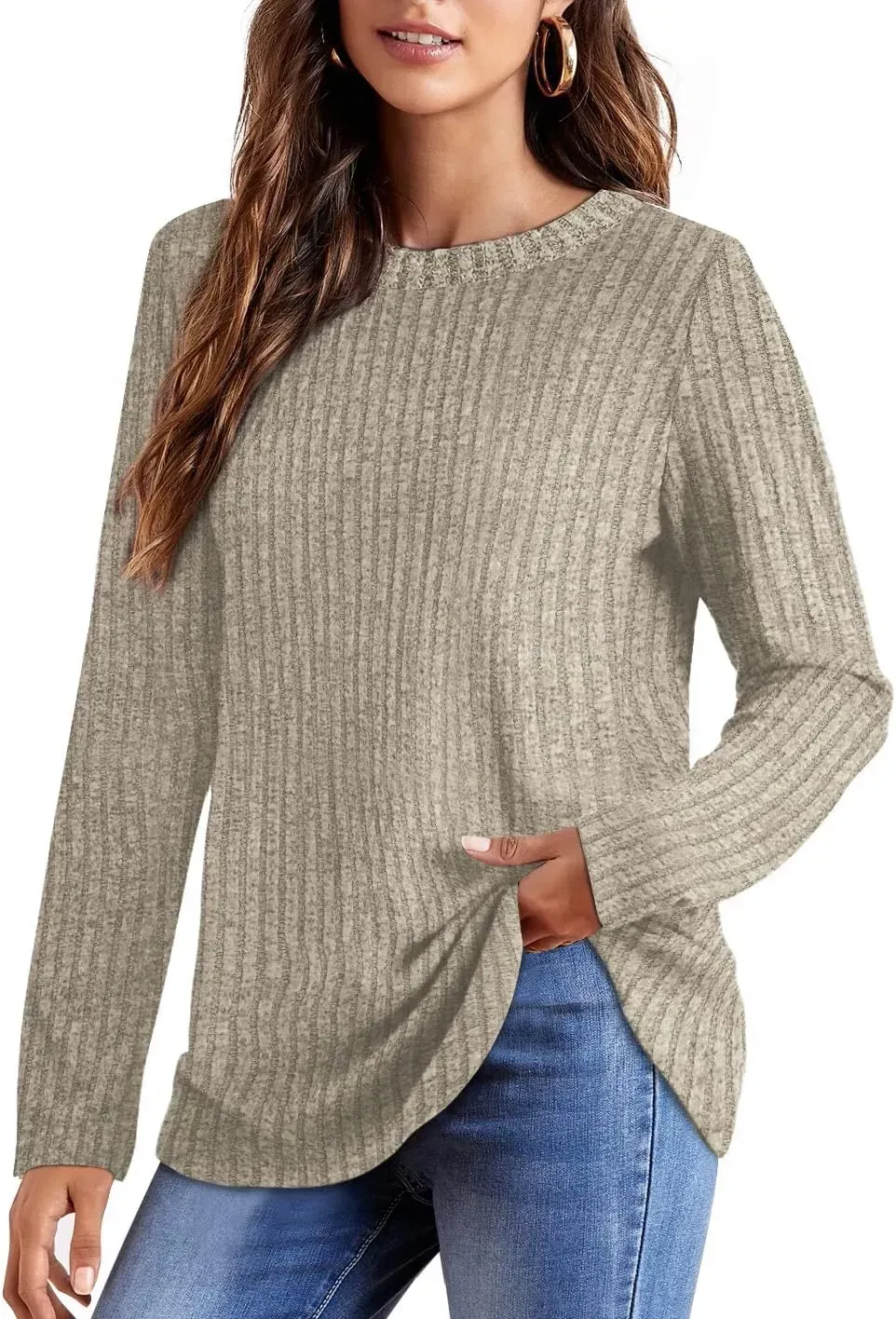 OFEEFAN Long Sleeve Shirts for Women Lightweight Crew Neck Casual Tunic Tops