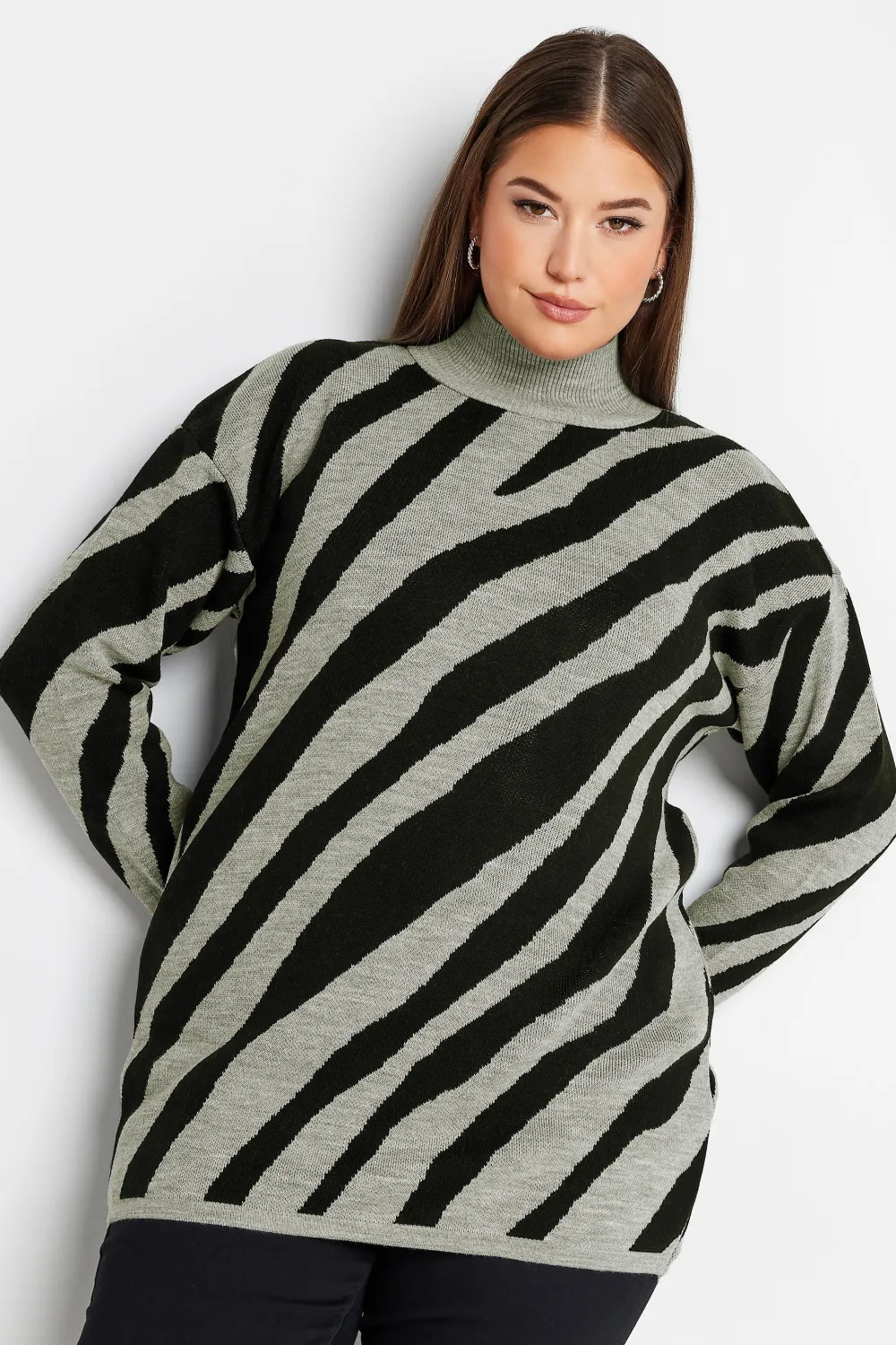YOURS Curve Beige Brown Zebra Print Turtle Neck Jumper