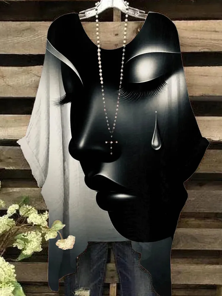 Round Neck Cotton Golden Tears Girl Art Painting Irregular Shirt