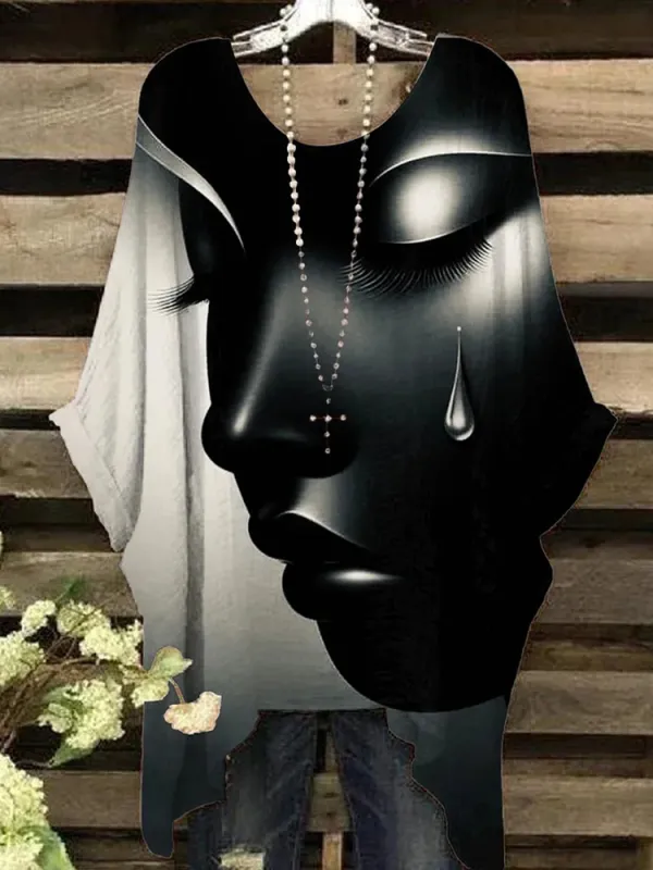 Round Neck Cotton Golden Tears Girl Art Painting Irregular Shirt