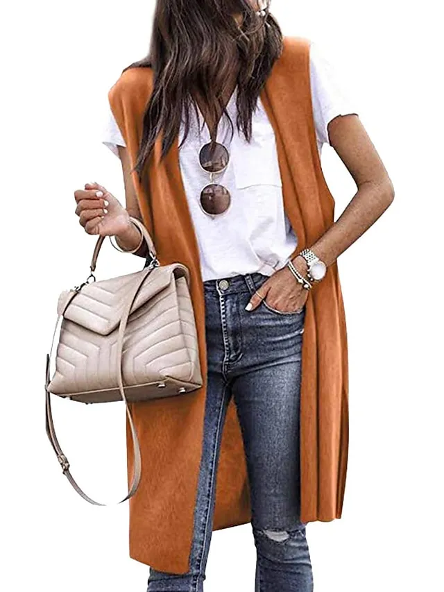 Women's Cardigan Knitted Solid Color Basic Casual Sleeveless Regular Fit  Cardigans Open Front Spring Summer Red Wine Dark Blue Orange / Going out