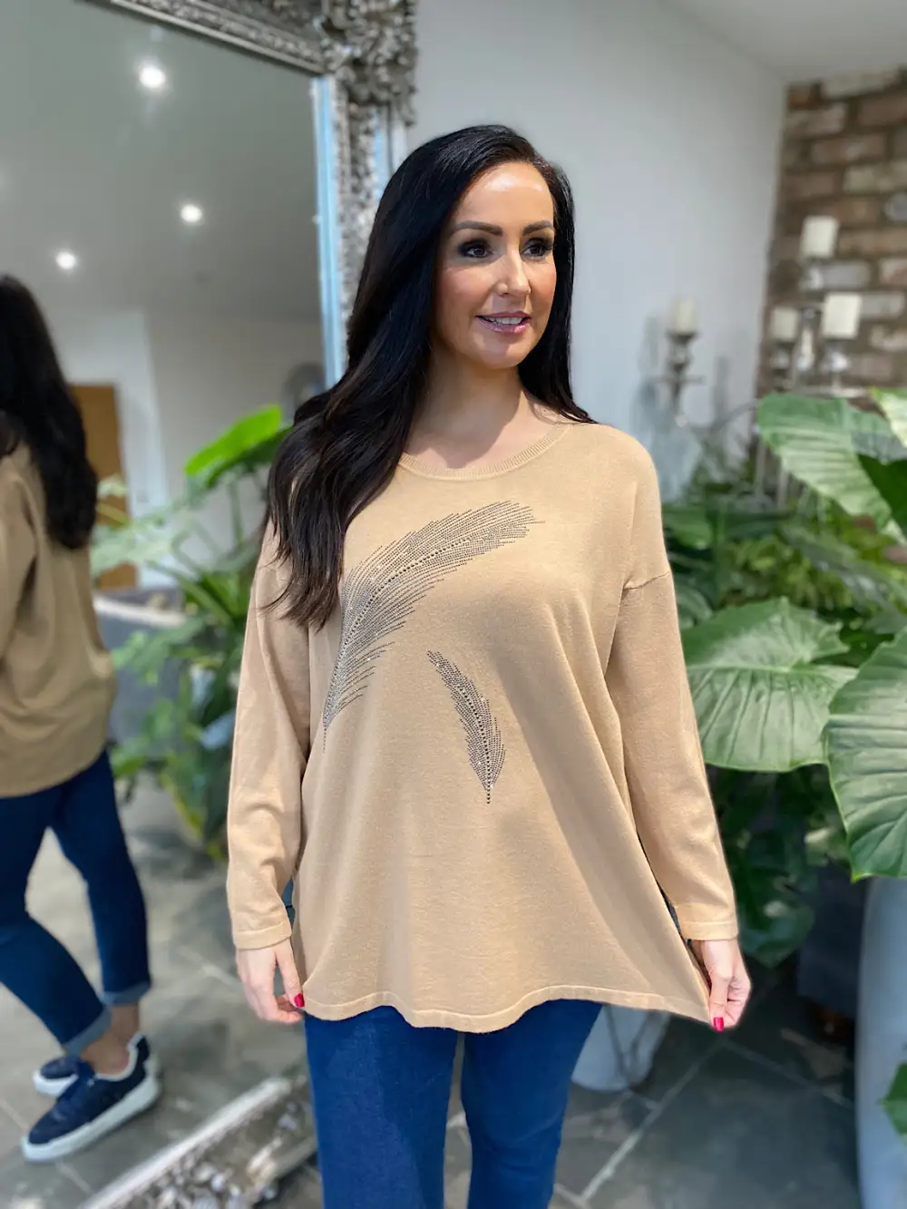 Camel Diamante Feather Knit Rosie