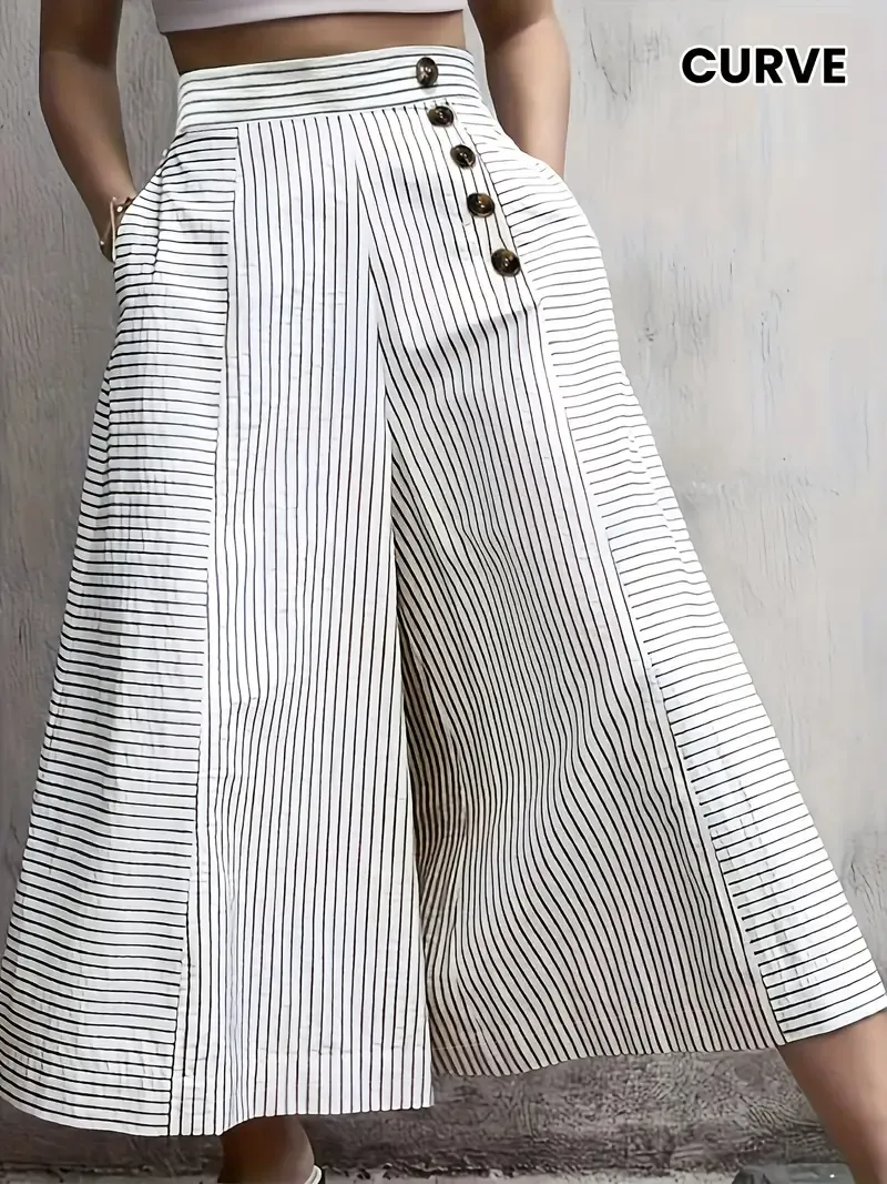 Women's Casual Striped Wide-Leg Pants - High-Waisted, Button Detail, Lightweight Polyester, Machine Washable - Perfect for Spring/Summer