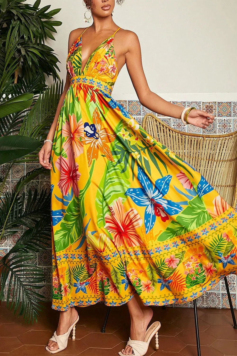 Women's Plant Printed Spaghetti Strap Dress