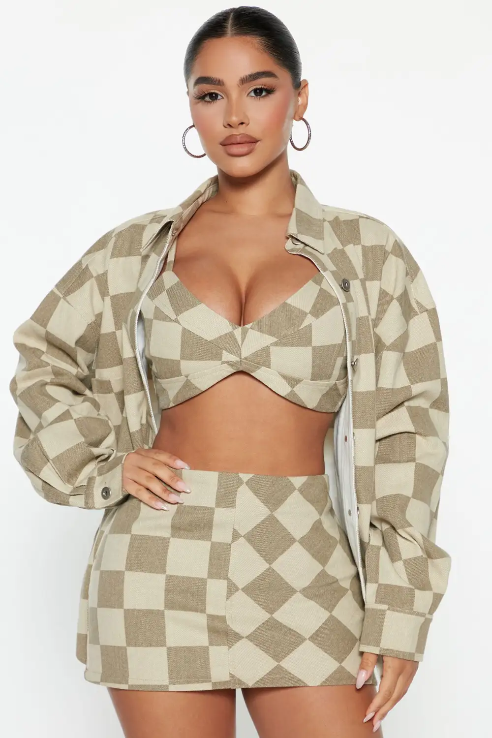 Checked Out 3 Piece Skirt Set - Taupe/combo