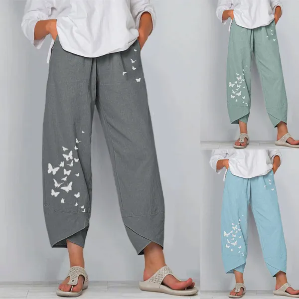 Summer Casual Loose Cotton Linen Butterfly Print Pants