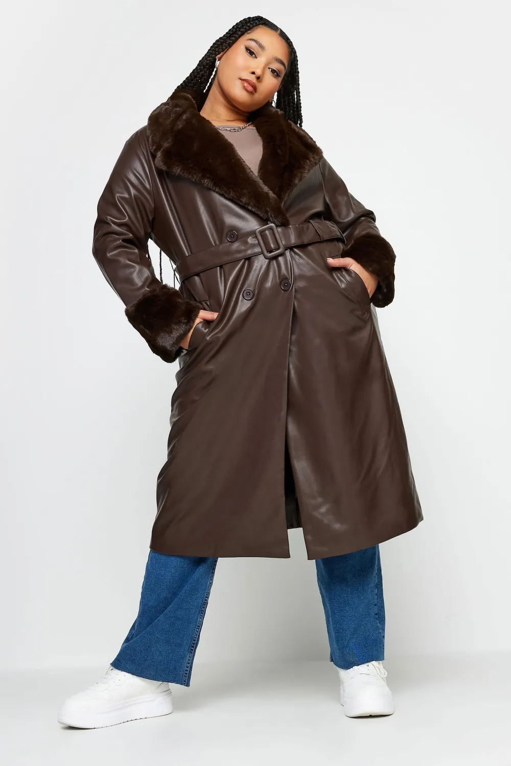 YOURS Curve Brown Faux Fur Trim Trench Coat