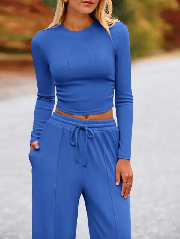 2-Piece Ribbed Knit Long Sleeve Crop Top Wide Leg Pants