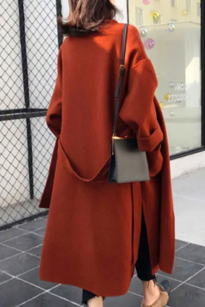 Front Pockets Lapel Faux Woolen Coat