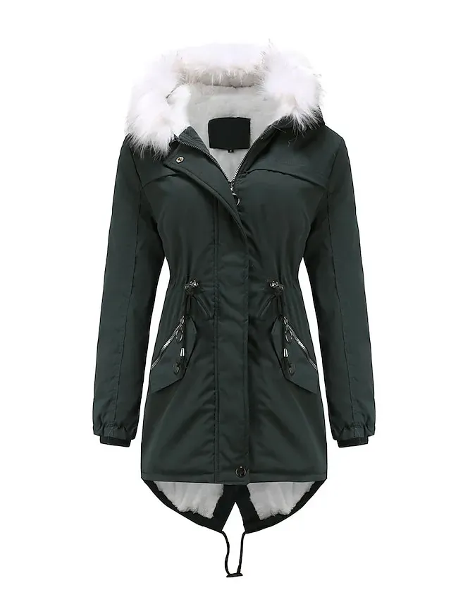 Women's Parka Puffer Coat Thermal Warm Winter Coat Windproof Heated Coat with Fur Collar Fall Zip up Drawstring Fleece Jacket with Pockets Outerwear Pink Black Pink Mid-Length