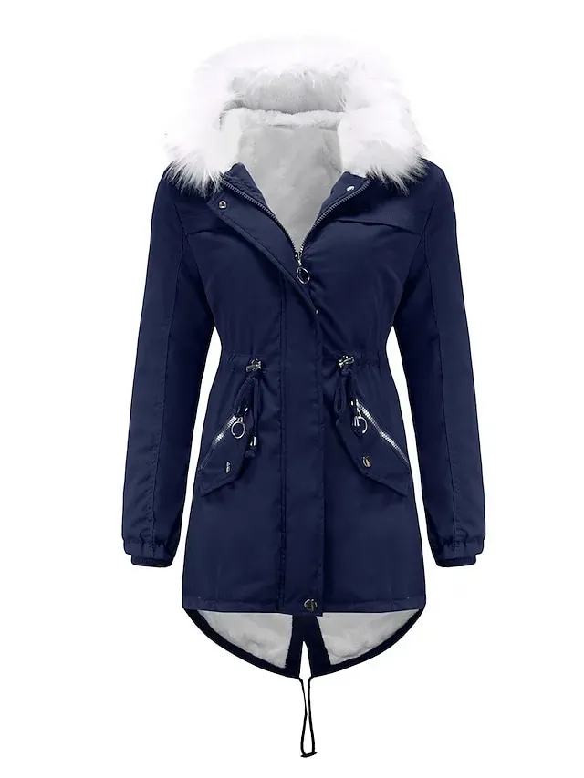 Women's Parka Puffer Coat Thermal Warm Winter Coat Windproof Heated Coat with Fur Collar Fall Zip up Drawstring Fleece Jacket with Pockets Outerwear Pink Black Pink Mid-Length