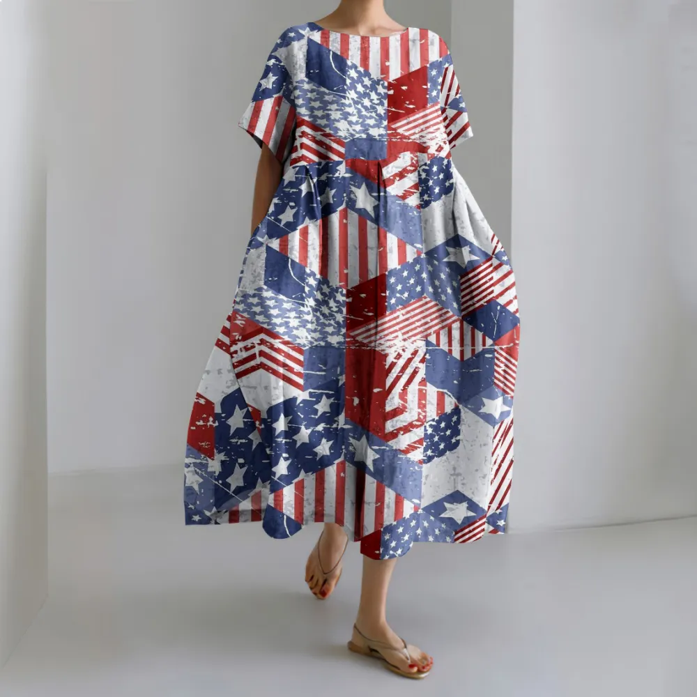 Independence Day Printed Crew Neck Short Sleeve Midi Dress