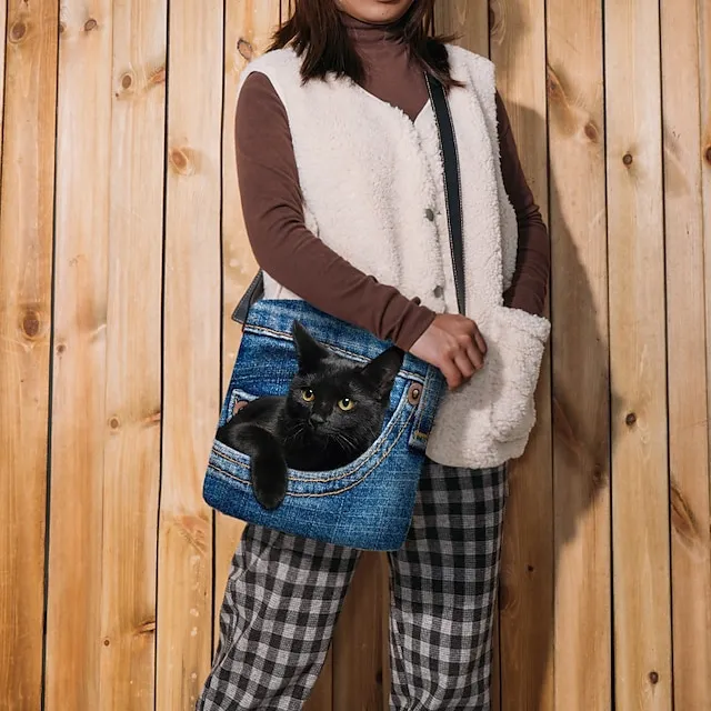 Women's Crossbody Bag Shoulder Bag Fluffy Bag Polyester Outdoor Daily Holiday Print Large Capacity Lightweight Durable Cat Yellow Red Blue