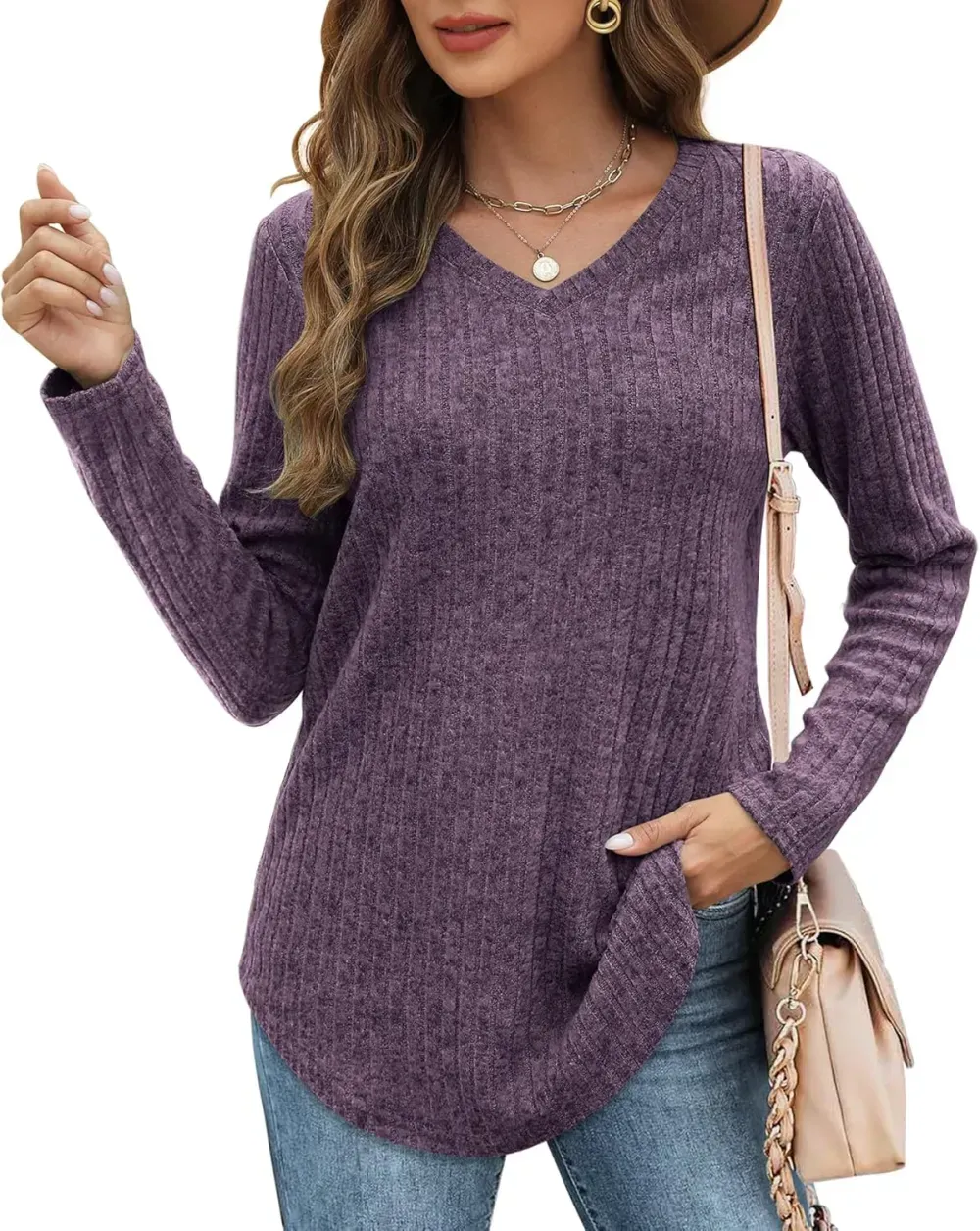 OFEEFAN Long Sleeve Shirts for Women Lightweight Crew Neck Casual Tunic Tops