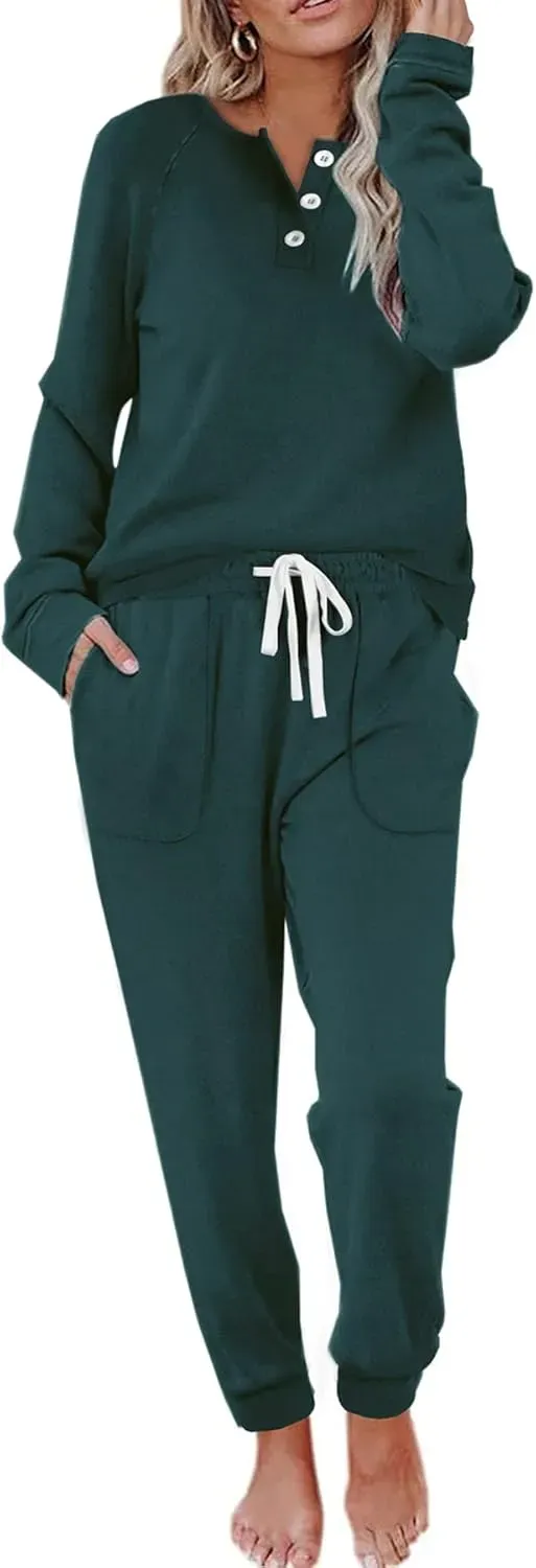 Two Piece Outfits for Women Lounge Sets Button Down Sweatshirt Sweatpants Sweatsuits Set with Pockets