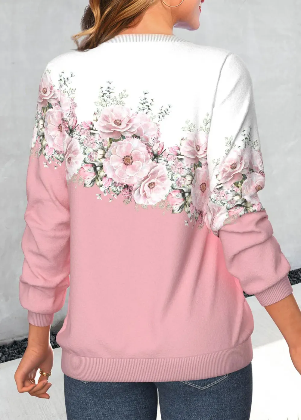 Pink Patchwork Floral Print Long Sleeve Sweatshirt