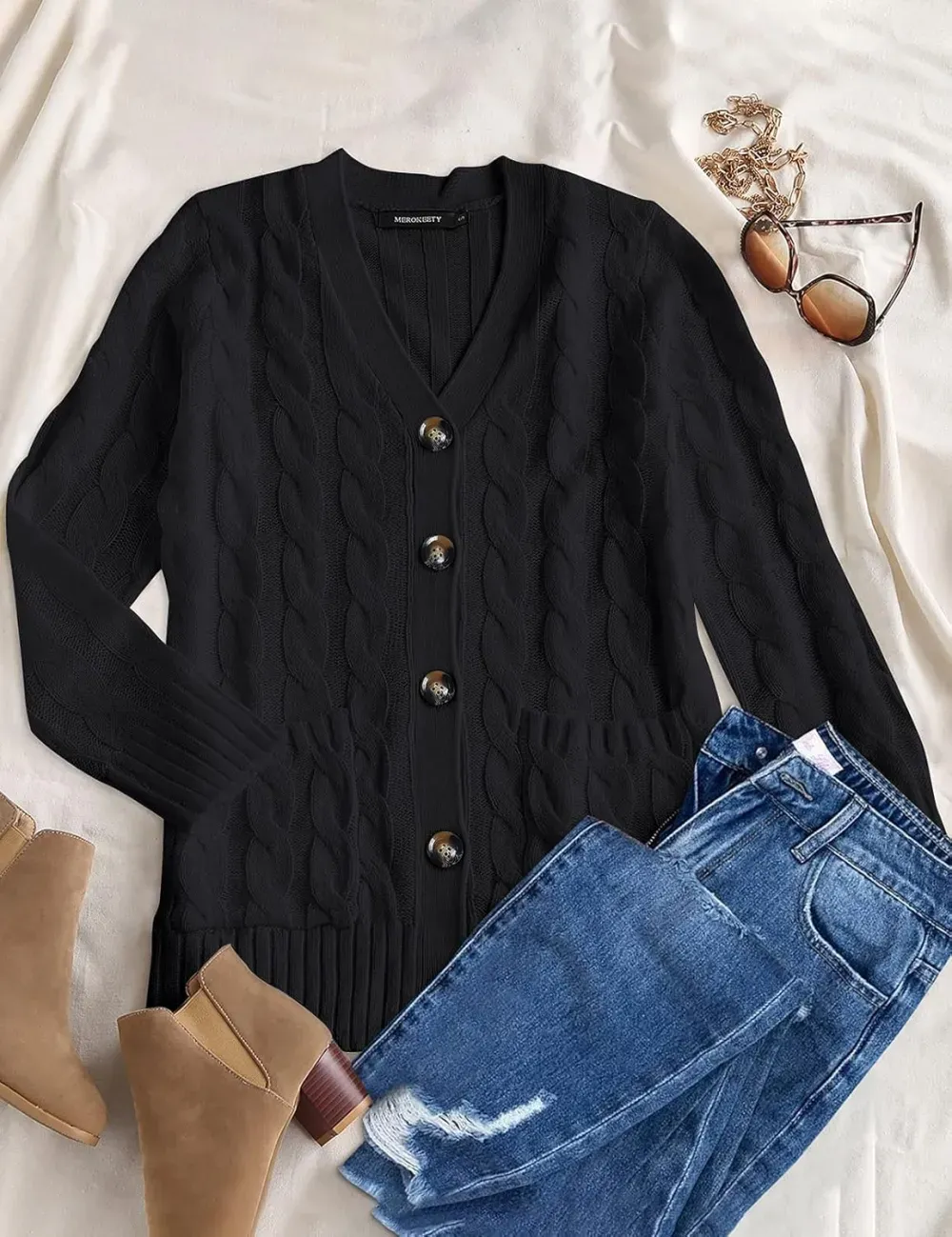 MEROKEETY Women's 2024 Fall Long Sleeve Cable Knit Sweater Open Front Cardigan Button Loose Outerwear