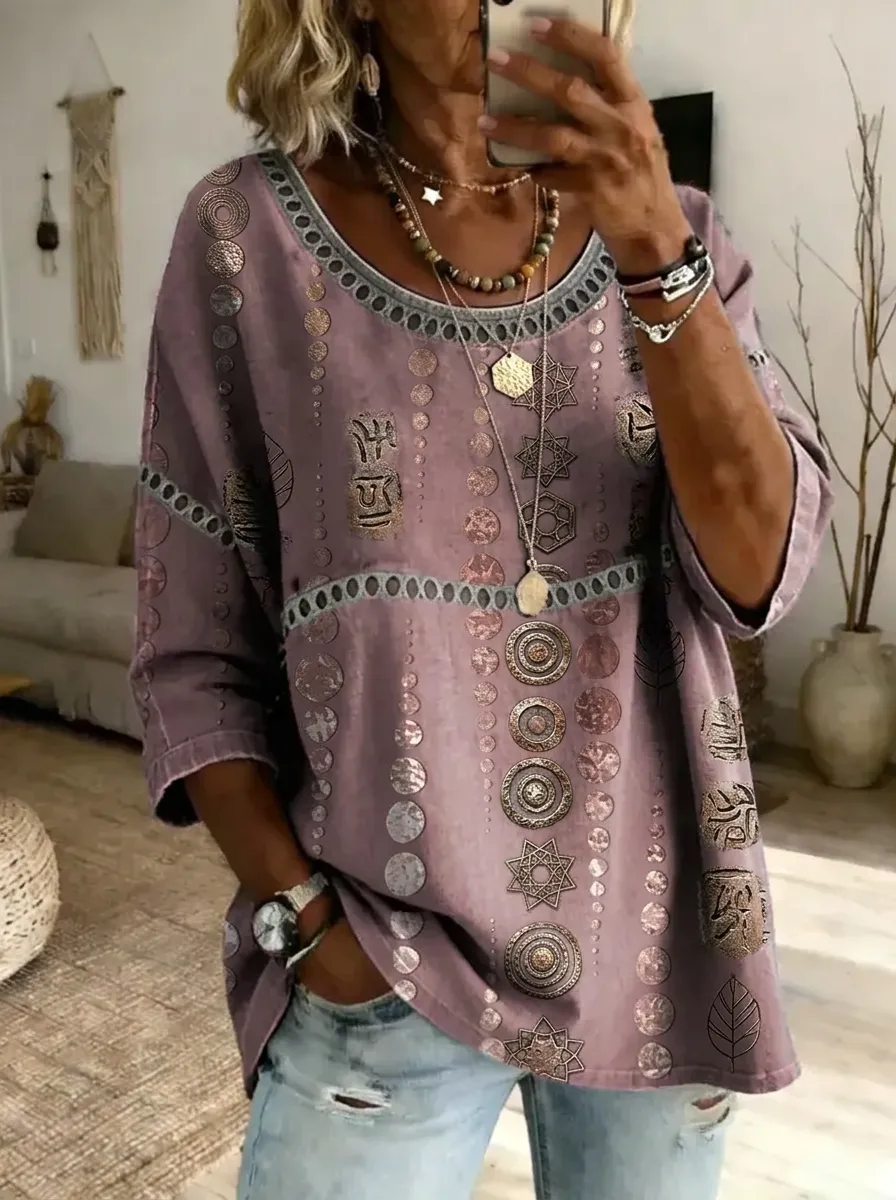 Women's Nashville Boho Geometric Printed Linen Blend Top